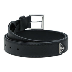 プラダ 三角ロゴプレート サフィアーノ ベルト サイズ110/44 2CC672 ブラック シルバー レザー メタル メンズ PRADA 【中古】