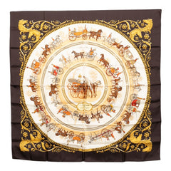 エルメス カレ90 LA PROMENADE DE LONGCHAMPS ロンシャンへの散歩 スカーフ ブラウン マルチカラー シルク レディース HERMES 【中古】