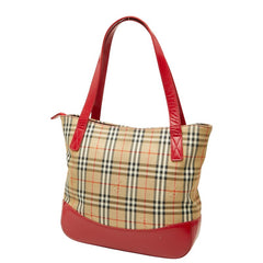 バーバリー ノバチェック トートバッグ ハンドバッグ ベージュ レッド キャンバス レザー レディース BURBERRY 【中古】