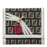 フェンディ ズッキーノ ロゴチャーム 三つ折り財布 8M0177 ホワイト ブラウン キャンバス レザー レディース FENDI 【中古】