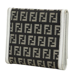 フェンディ ズッキーノ ロゴチャーム 三つ折り財布 8M0177 ホワイト ブラウン キャンバス レザー レディース FENDI 【中古】