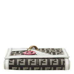 フェンディ ズッキーノ ロゴチャーム 三つ折り財布 8M0177 ホワイト ブラウン キャンバス レザー レディース FENDI 【中古】