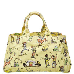 プラダ 三角ロゴプレート カナパ ラージ トートバッグ プリント イエロー マルチカラー キャンバス レディース PRADA 【中古】
