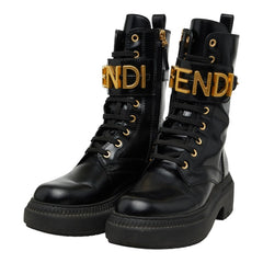 フェンディ - レースアップ バイカーブーツ サイズ37 ブラック ゴールド レザー レディース FENDI 【中古】