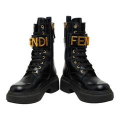 フェンディ - レースアップ バイカーブーツ サイズ37 ブラック ゴールド レザー レディース FENDI 【中古】