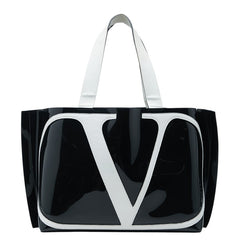 ヴァレンティノ Vロゴ ミディアム トートバッグ ハンドバッグ ブラック ホワイト PVC レザー レディース VALENTINO 【中古】