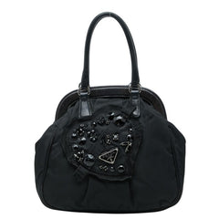 プラダ 三角ロゴプレート イブニングハート ハンドバッグ ブラック ナイロン レザー ビジュー レディース PRADA 【中古】