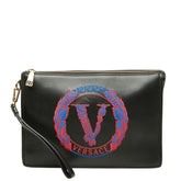 ヴェルサーチェ クラッチバッグ セカンドバッグ Vロゴ 刺繍デザイン ブラック レザー ユニセックス VERSACE 中古