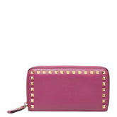 ヴァレンティノ ロックスタッズ ラウンドファスナー 長財布 ピンク系 レザー レディース VALENTINO 中古