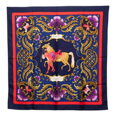 エルメス カレ90 Cheval Turc トルコの馬 スカーフ ネイビー マルチカラー シルク レディース HERMES 中古