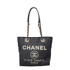 シャネル ココマーク ドーヴィルPM チェーン トートバッグ ショルダーバッグ ネイビー キャンバス レザー レディース CHANEL 【中古】