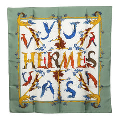エルメス カレ90 アニマル アルファベット ANIMAL ALPHABET スカーフ グリーン マルチカラー シルク レディース HERMES 中古