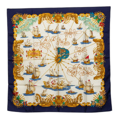 エルメス カレ90 VOILES DE LUMIERE 光の帆船 スカーフ 大判 ネイビー マルチカラー シルク レディース HERMES 中古