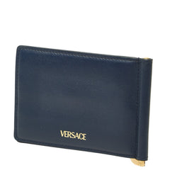 ヴェルサーチェ メドゥーサ マネークリップ付き 二つ折り財布 ネイビー レザー レディース VERSACE 中古