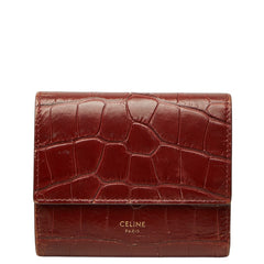 セリーヌ クロコ型押し スモール トリフォールドウォレット 三つ折り財布 レッド レザー レディース CELINE 中古