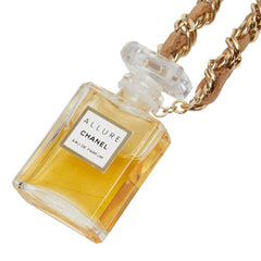シャネル ALLURE EAU DE PARFUM 香水ボトル ペンダント ネックレス ゴールド ベージュ メッキ レザー レディース CHANEL 中古