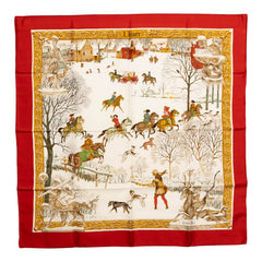 エルメス カレ90 L'HIVER 冬の狩猟 スカーフ レッド ホワイト マルチカラー シルク レディース HERMES 中古