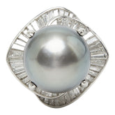 ブラックパール(黒蝶真珠) Pt900 プラチナ 黒蝶真珠14.8mm ダイヤ1.81ct デザインリング リング 指輪 レディース 12.5号 中古