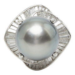 ブラックパール(黒蝶真珠) Pt900 プラチナ 黒蝶真珠14.8mm ダイヤ1.81ct デザインリング リング 指輪 レディース 12.5号 中古