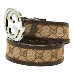グッチ GGキャンバス インターロッキングG ベルト サイズ 80/32 114876 ブラウン キャンバス レザー レディース GUCCI 中古