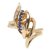 サファイア ダイヤモンド K18YG イエローゴールド サファイア ダイヤ リーフモチーフ ウェーブ スパイラル リング 指輪 レディース 16号 中古