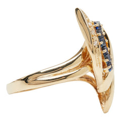 サファイア ダイヤモンド K18YG イエローゴールド サファイア ダイヤ リーフモチーフ ウェーブ スパイラル リング 指輪 レディース 16号 中古