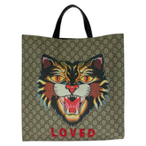 グッチ GGスプリーム アングリーキャット トートバッグ 450950 ベージュ マルチカラー キャンバス レザー メンズ GUCCI 中古