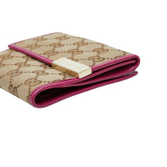 グッチ GGキャンバス メタルプレート 二つ折り財布 ウォレット 257015 ベージュ ピンク キャンバス レザー レディース GUCCI 中古
