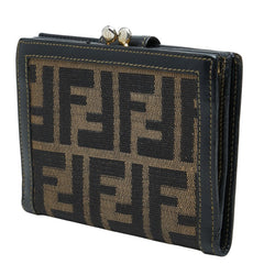 フェンディ ズッカ柄 二つ折り財布 がま口 ウォレット 2251 ブラウン キャンバス レザー ジャカード レディース FENDI 中古