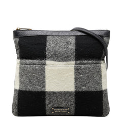 バーバリー ブロックチェック 斜め掛け ショルダーバッグ ブラック ホワイト ウール レザー レディース BURBERRY 中古