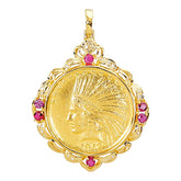 K21.6 ゴールド K18YG イエローゴールド ルビー/ダイヤモンド ルビー ダイヤ0.16ct インディアンヘッド 1912年 ヴィンテージ 羽飾りを被った自由の女神 10ドル金貨 ペンダントトップ ネックレス レディース 中古