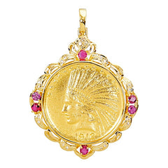 K21.6 ゴールド K18YG イエローゴールド ルビー/ダイヤモンド ルビー ダイヤ0.16ct インディアンヘッド 1912年 ヴィンテージ 羽飾りを被った自由の女神 10ドル金貨 ペンダントトップ ネックレス レディース 中古