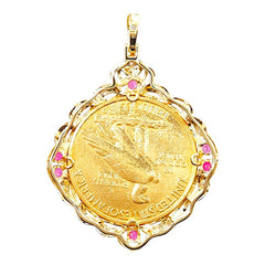 K21.6 ゴールド K18YG イエローゴールド ルビー/ダイヤモンド ルビー ダイヤ0.16ct インディアンヘッド 1912年 ヴィンテージ 羽飾りを被った自由の女神 10ドル金貨 ペンダントトップ ネックレス レディース 中古