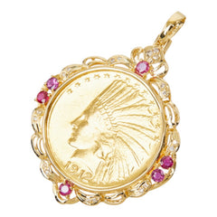 K21.6 ゴールド K18YG イエローゴールド ルビー/ダイヤモンド ルビー ダイヤ0.16ct インディアンヘッド 1912年 ヴィンテージ 羽飾りを被った自由の女神 10ドル金貨 ペンダントトップ ネックレス レディース 中古
