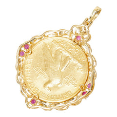 K21.6 ゴールド K18YG イエローゴールド ルビー/ダイヤモンド ルビー ダイヤ0.16ct インディアンヘッド 1912年 ヴィンテージ 羽飾りを被った自由の女神 10ドル金貨 ペンダントトップ ネックレス レディース 中古