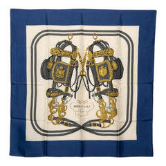 エルメス カレ90 Brides de Gala 式典用馬勒 スカーフ ブルー系 シルク レディース HERMES 中古
