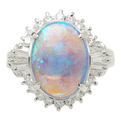 ブラックオパール ダイヤモンド Pt900 プラチナ ブラックオパール3.76ct ダイヤ0.46ct フラワーモチーフ リング 指輪 レディース 8.5号 中古
