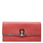 サルヴァトーレフェラガモ ガンチーニ フラップ 長財布 ウォレット レッド系 シルバー レザー レディース Salvatore Ferragamo 中古