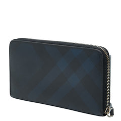 バーバリー シャドーチェック ラウンドファスナー 長財布 ネイビー PVC レザー レディース BURBERRY 中古
