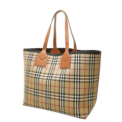 バーバリー ロンドン ノバチェック トートバッグ ラージ ベージュ キャンバス レザー レディース BURBERRY 中古