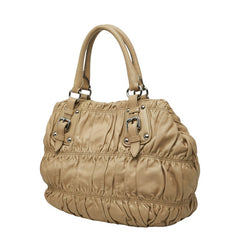 プラダ ナッパ ゴーフル ギャザー バックル ハンドバッグ ショルダーバッグ 2WAY ベージュ レザー レディース PRADA 中古
