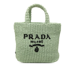 プラダ トライアングルロゴ スモール クロシェ ハンドバッグ トートバッグ グリーン ラフィア レディース PRADA 中古