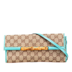 グッチ GGキャンバス バンブー ショルダーバッグ 117594 ブラウン ブルー キャンバス レザー レディース GUCCI 【中古】