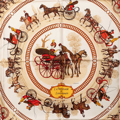 エルメス カレ90 LA PROMENADE DE LONGCHAMPS ロンシャンへの散歩 スカーフ ブラウン マルチカラー シルク レディース HERMES 【中古】