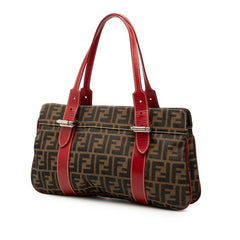 フェンディ ズッカ ミニ ボストンバッグ ハンドバッグ ブラウン レッド キャンバス レザー レディース FENDI 【中古】
