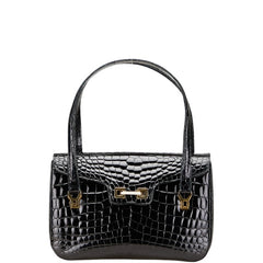 PARAPINI パラピニ クロコ型押し ハンドバッグ ワンショルダーバッグ ブラック レザー レディース 【中古】