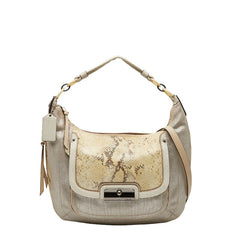 コーチ パイソン型押し ハンドバッグ ショルダーバッグ 2WAY ベージュ ホワイト キャンバス レザー レディース COACH 【中古】