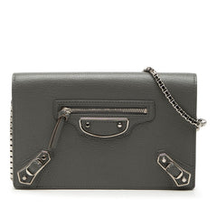 バレンシアガ クラシック メタリック エッジ チェーン ウォレット ショルダー 444169 グレー レザー レディース BALENCIAGA 【中古】