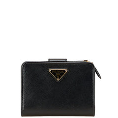 プラダ 三角ロゴプレート 二つ折り財布 ブラック レザー レディース PRADA 【中古】
