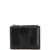 ボッテガヴェネタ マキシイントレチャート スモール カセット 二つ折り財布 ブラック レザー レディース BOTTEGAVENETA 【中古】